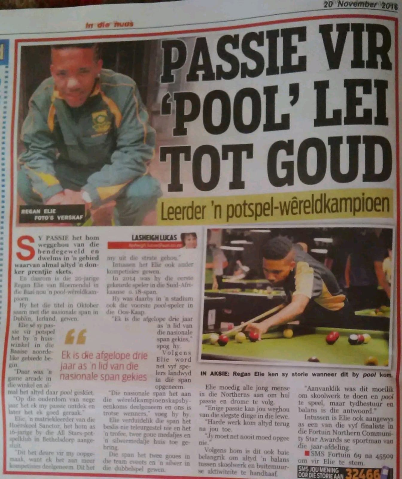 Newspaper feature showing Regan Elie in South African national colours after winning a world championship title in Dublin